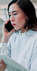 Woman, doctor and phone call for healthcare, checklist and advice with communication in Japan. Medical professional, clipboard and mobile conversation for wellness feedback, research and telehealth