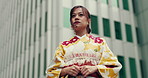 Travel, woman and thinking in kimono outdoor with reflection, contemplating or insight in city. Japan, person or thoughtful in traditional fashion by building with daydreaming of heritage and culture
