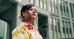 Japan, woman and thinking in city outdoor with reflection, contemplating or insight in kimono. Person, serious or thoughtful in traditional fashion by building with daydreaming of heritage or culture