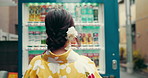 Back,  vending machine and Japanese woman with decision, shopping and choice. Person, outdoor and girl with traditional clothes, culture and food with meal, wellness and thoughtful with options