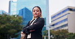 Businesswoman, lawyer and face in city with confidence, pride and expertise in Osaka. Legal advisor, portrait and arms crossed in Japan for travel, career ambition and attorney for urban development