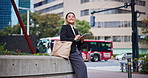 Woman, tablet and city worker for thinking in Japan, urban inspiration and plan for development. Female person, ideas and architect online for location research, brainstorming and town solution