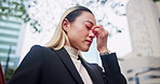 Mobile, stress and business woman with headache in city, mistake or tired of depression outdoor in Japan. Migraine, pain and sick person on phone for reading bad news, email and fail job application