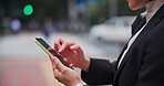 City, person and hands with phone screen for communication, chat and schedule appointment for meeting. Outdoor, corporate lawyer and scroll with mobile for networking, notification or travel in Japan