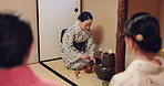 Japanese woman, matcha and powder for ceremony, art and culture to relax. Asian person, green tea and traditional ritual, custom and preparation of natural organic drink with bowl for guests in home