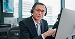Asian man, consultant or call center with headphones for telemarketing or customer service at office. Portrait, businessman or japanese broker of agent consulting or POV for financial advice or help