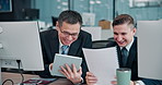 Document, tablet and businessmen in office for negotiation with company finance report for capital gain. Meeting, tech and financial advisors with paperwork for revenue, profit and equity statement.