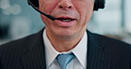 Mature, man and talking with mic at call centre for customer service, telemarketing advice and faq feedback. Male agent, headset and consulting for technical support, guide chat and closeup in Japan 