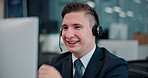 Smile, man and headset with computer at call centre of customer service, account advice and faq feedback. Agent, mic and telemarketing for technical support, services guide and crm solution in Japan 