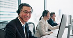 Face, man and laugh with headset at call centre for customer service, account advice and feedback. Mature agent, smile and telemarketing pc with technical support, faq guide and crm solution in Japan