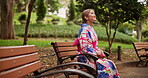 Japanese, traditional and woman thinking in park for cultural travel, indigenous clothes and planning sightseeing. Girl, relaxing and kimono with spiritual vacation, morning view and history in Japan