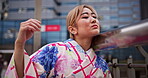 Culture, girl and dancing in fashion outdoor with hand movement, contemporary style and expression. Japanese person, dancer face and nihon buyo in traditional kimono on city bridge for heritage