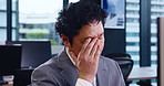 Frustrated, asian man and consultant with headphones at call center for stress, fatigue or overworked at office. Tired, businessman or japanese agent with headset for burnout or mistake at agency