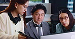 Tablet, call center and Asian business people on computer with assistant for feedback, teamwork and meeting. Telemarketing, office and Japanese men and women on digital tech for customer service