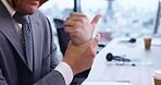 Joint pain, care and hands of man in call center with arthritis, physio therapy and stretching for relief. Mature consultant, wrist injury or osteoporosis in Japan agency with carpal tunnel syndrome 