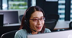 Asian woman, consulting or call center with headphones for telemarketing or customer service at office. Japanese, female person or agent with headset for telecommunications, online advice or help
