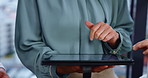 Office, tablet and hands of business people in discussion for research project, website and internet. Japan, company and workers pointing to screen on digital tech for planning, report and proposal