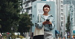 Japan, walking and city girl with smartphone, smile and connection with email notification. Asian woman, outdoor and person with cellphone, travel and urban town with online reading and message