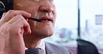 Asian man, mouth or headphones with mic at call center for telemarketing, communication or online advice. Closeup, male person or japanese consultant with headset for consulting or help at agency