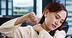 Asian woman, neck pain and stress in office with burnout, fatigue and physiotherapy for relief. Business person, shoulder injury and tired in Japanese company with muscle tension, hurt and frustrated