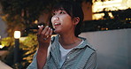 Phone call, recording and night with Japanese woman in city for loud speaker, reminder and voice memo. Contact, communication and networking with Asian person and mobile for social media and app