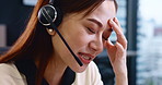 Frustrated, asian woman and consultant with headphones at call center for difficult customer or error at office. Japanese, female person or agent with headset or stress for online issue or advice