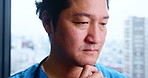 Japanese doctor, thinking and planning for results, surgery or diagnosis in hospital as medic. Male person, idea and vision for healthcare services, medicine or wellness in clinic with reading report