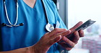 Doctor, hands and mobile in hospital for healthcare, medical research or connection for telehealth. Person, nurse or phone in Japanese clinic for planning, patient schedule or cardiology FAQ platform