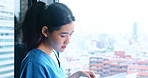 Doctor, reading and folder in hospital for healthcare, thinking and new patient information, Asian woman, paper and medical specialist in Japanese clinic for brainstorming, planning and test results