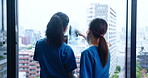 Doctors, pointing and xray on window for healthcare, results and problem solving in Japanese hospital. Women, radiology team and radiograph in clinic for spinal care, osteoporosis or diagnosis advice