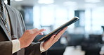 Hands, businessman and tablet for scroll, news and app in office for communication or networking. Male person, technology and connection for online, website and pr in corporate as community manager