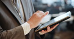 Hands, businessman and tablet for communication or networking in office for scroll, news and app. Male person, technology and connection for planning, website and pr in corporate as community manager
