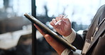 Hands, businessman and tablet with pen for networking, connection and scroll on app in office. Male person, technology and communication for online, website and pr for corporate as community manager