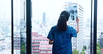 Back, Japanese doctor and window with xray or scan for results, surgery and diagnosis in hospital. Female person, analysis and MRI for healthcare services, medicine and wellness with reading report