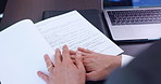 Hands, businessman and reading with document, audit report and research in corporate office. Male person, contract and paperwork for tax review as accountant, management and company in finance agency
