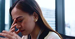 Japanese, business woman and stress with mistake, technical glitch and error 404 in system update. Female person, headache and upset for project deadline, software malfunction or office as accountant
