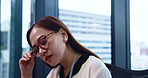 Japanese, business woman and stress with error 404, technical glitch or system update as accountant. Female person, headache and burnout in project management deadline, software malfunction or office