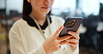 Woman, hands and phone in office for business, connectivity and stock market research in Japan. Accountant, mobile and typing in agency for finance management, cryptocurrency app and online banking