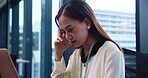 Japanese, business woman and  stress with laptop, technical glitch and error 404 in system update. Female person, headache and upset for project deadline, software malfunction or office as accountant