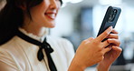 Woman, hands and phone for networking in office, investment banker and online for advisory. Female person, financial feedback and chat to client for deal, typing and message contact in workplace