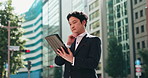 City, thinking and business man with tablet, connection or salaryman on morning communication. Urban, street and Japanese businessman with digital app for networking, planning idea or online schedule