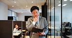 Asian businessman, walking and thinking with documents at office for business performance. Japanese, man or accountant checking folder for company expenses, budget or financial report at workplace