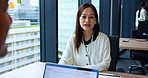 Meeting, planning and teamwork with Japanese people in office for financial advisor, broker and feedback. Collaboration, talking and consultant with woman in corporate firm for accounting solution