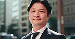 City, businessman and face of Japanese for travel, commute and walking in morning to workplace. Urban, mature employee and corporate lawyer with ambition for career, journey and outdoor trip in Tokyo