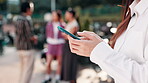 Business, hands and woman with smartphone for typing text message, online networking and email feedback outdoor. Professional, person and phone in Japan to search information, chat and communication