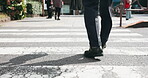Business man, legs and back on street for walking, professional or commute with briefcase. Employee, road and morning in urban Japan for corporate travel, crosswalk and career with bag, shoes or feet