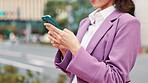 Business, hands and woman with smartphone in city for online networking, typing email feedback or research. Professional, person and phone in Japan street for mobile chat, communication or schedule