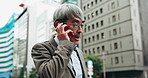 City, phone call and mature business man with outdoor discussion, walking and salaryman on morning commute. Urban, contact and Japanese businessman with smartphone communication, networking or chat