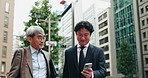 Business men, phone and together in city with greeting, bow and respect with smile, talk and check time in street. People, friends and smartphone with reminder, schedule and running late in Japan