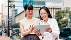 Women, tablet and city for team research in Japan, laughing and support with urban development. People, funny conversation and online collaboration for town opportunity,  monitor data ad planning